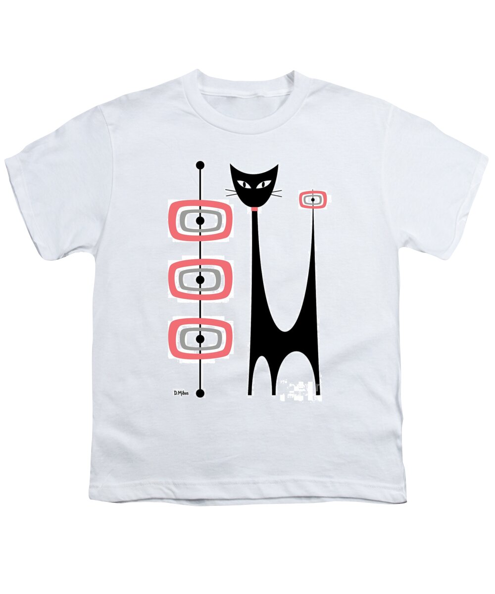Mid Century Modern Youth T-Shirt featuring the digital art Atomic Cat Pink Gray by Donna Mibus