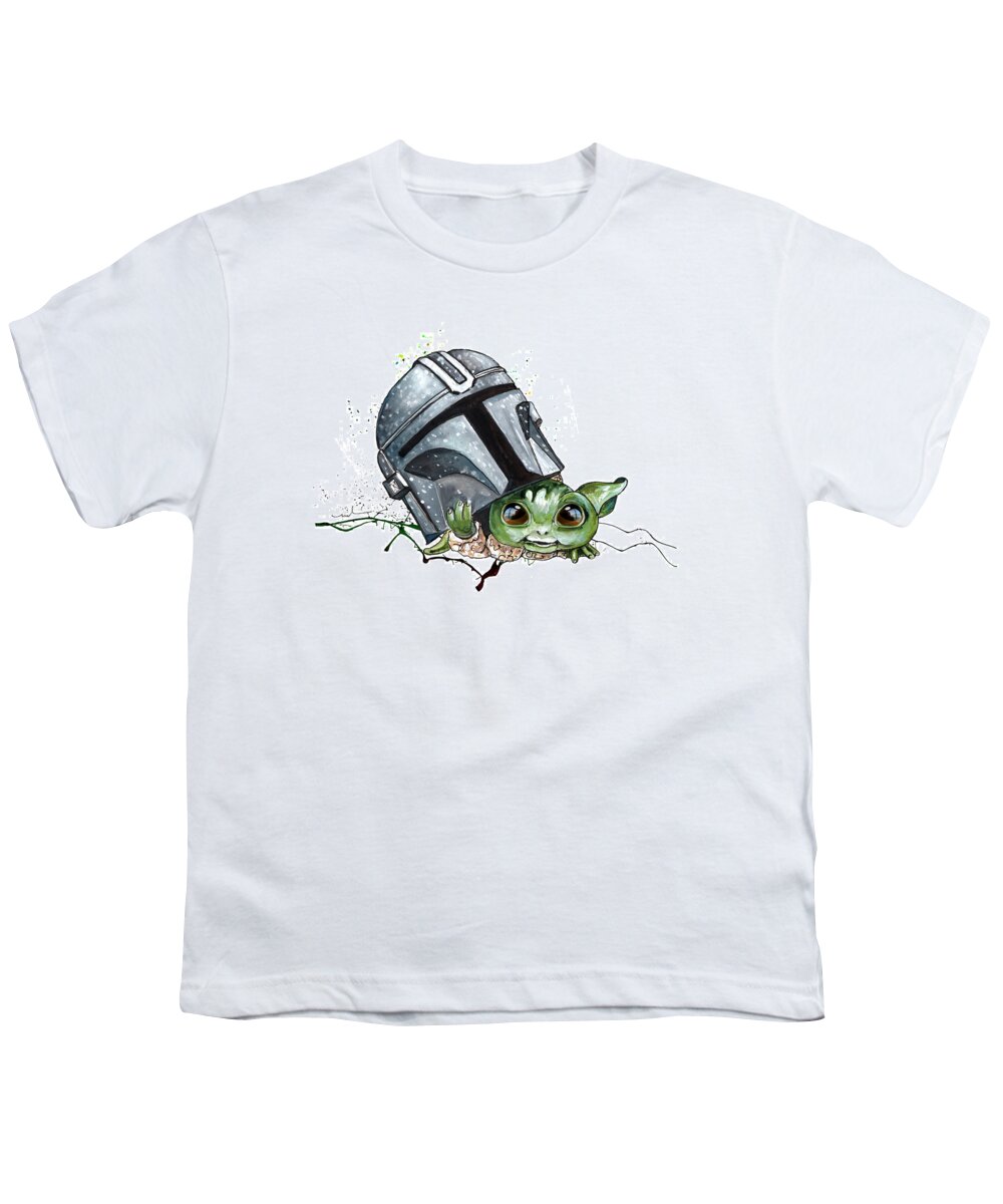 Watercolour Youth T-Shirt featuring the painting Baby Yoda Helmet Peeking by Miki De Goodaboom