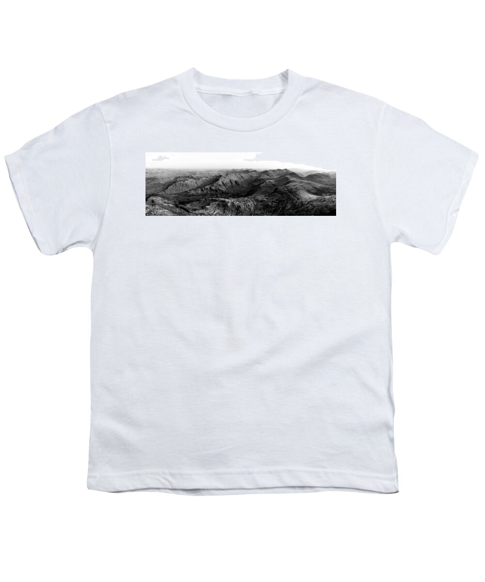 Panorama Youth T-Shirt featuring the photograph Borrowdale Aerial Black and White Lake District by Sonny Ryse