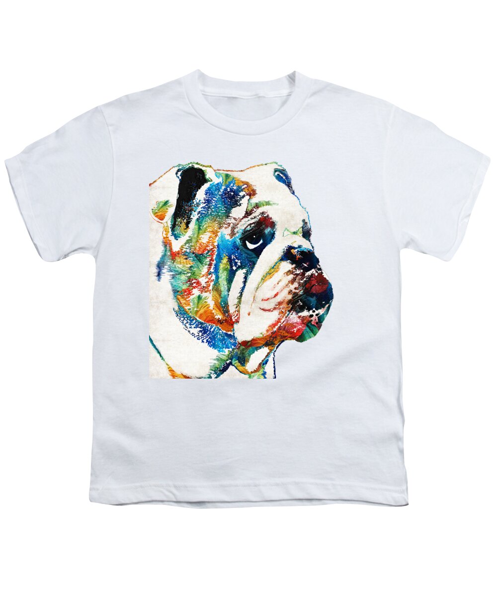 Dog Youth T-Shirt featuring the painting Bulldog Pop Art - How Bout A Kiss - By Sharon Cummings by Sharon Cummings