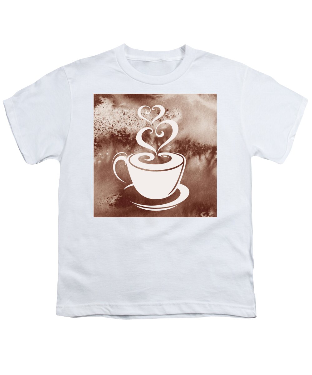 Caffe Latte Youth T-Shirt featuring the painting Caffe latte Warm Delicious Coffee Cup With Sweet Hearts Watercolor III by Irina Sztukowski
