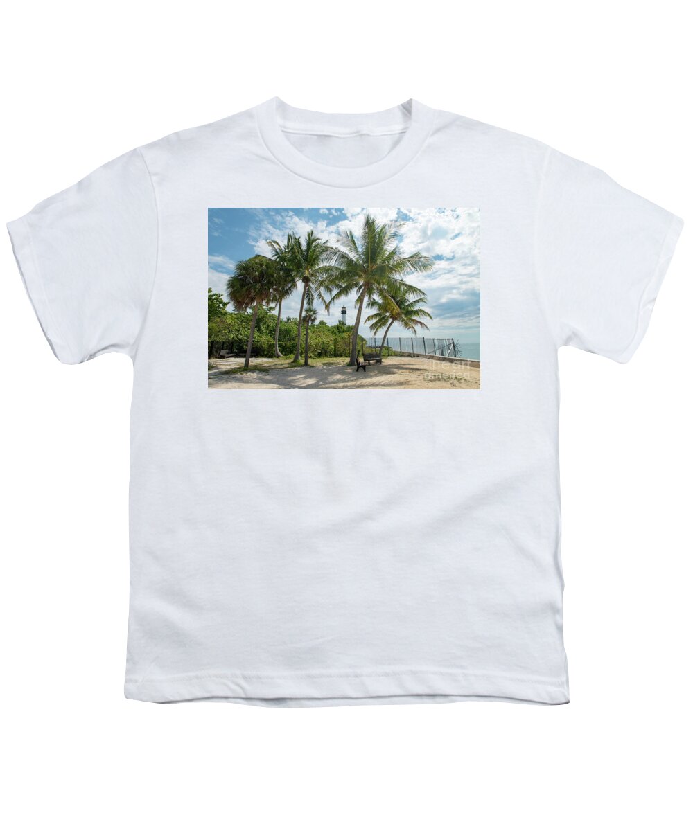 Cape Youth T-Shirt featuring the photograph Cape Florida Lighthouse and Palm Trees on Key Biscayne by Beachtown Views