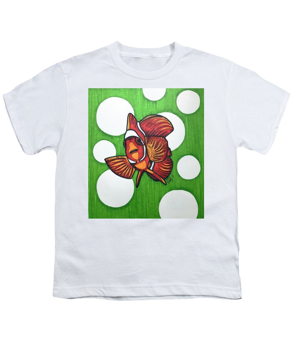 Clownfish Youth T-Shirt featuring the drawing Clownfish on Green by Creative Spirit