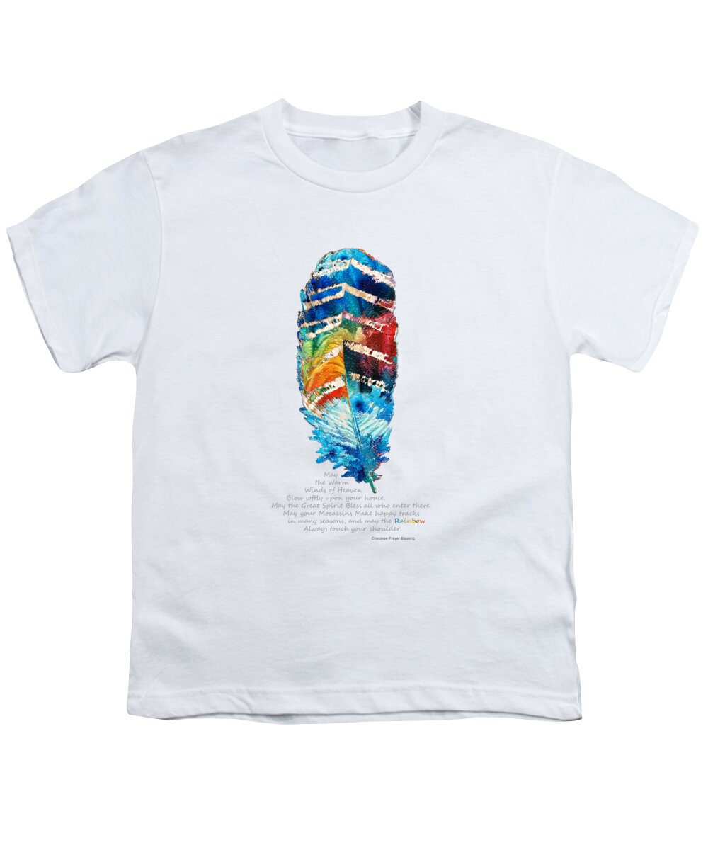Feather Youth T-Shirt featuring the painting Colorful Feather Art - Cherokee Blessing - By Sharon Cummings by Sharon Cummings
