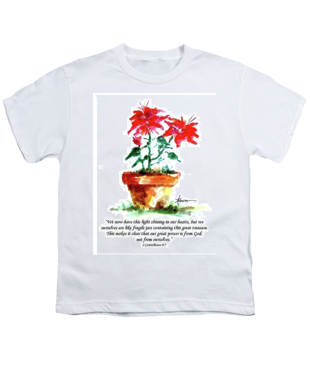 Pointsettias Youth T-Shirt featuring the painting Cracked Pot With Scripture by Adele Bower