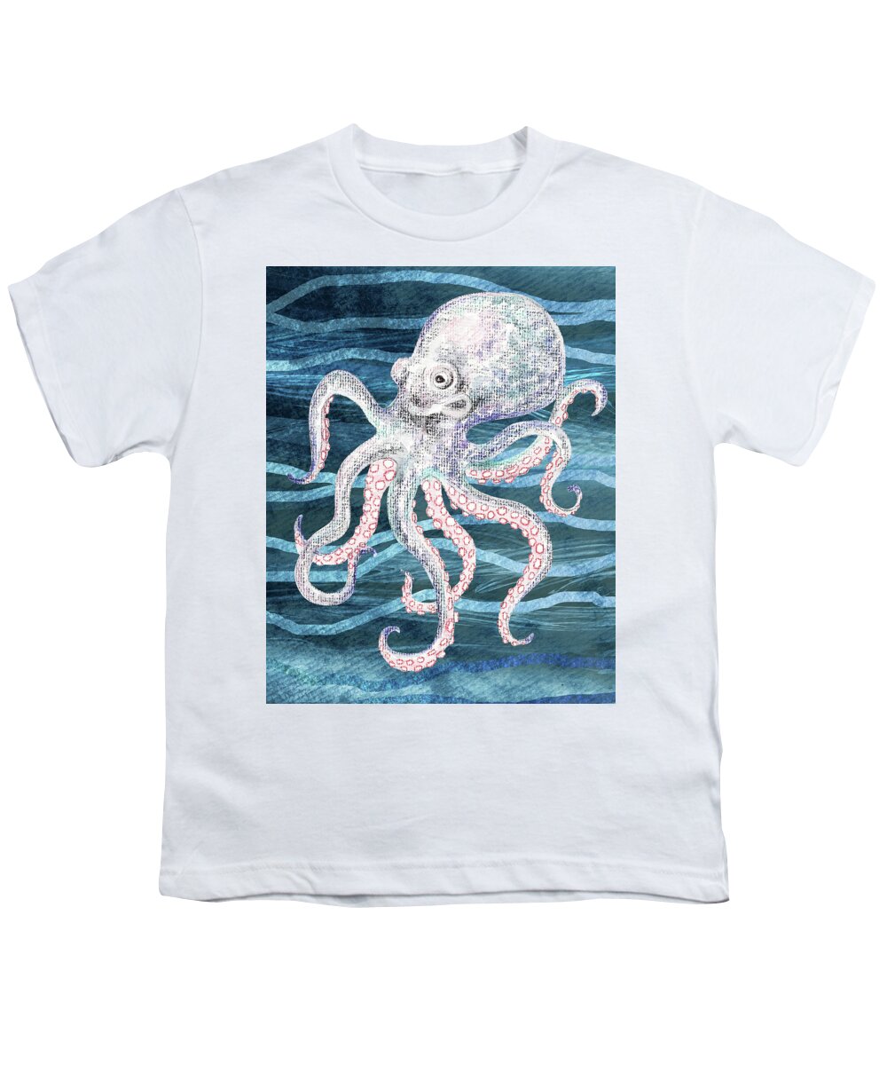 Octopus Youth T-Shirt featuring the painting Cute Watercolor Octopus On A Blue Wave Beach Art by Irina Sztukowski