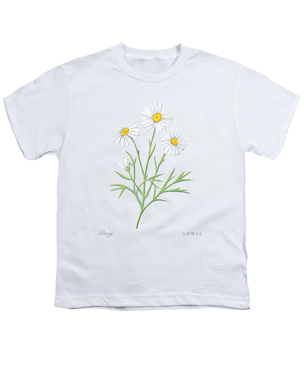 Daisy Youth T-Shirt featuring the painting Daisy April Birth Month Flower Botanical Print on White - Art by Jen Montgomery by Jen Montgomery