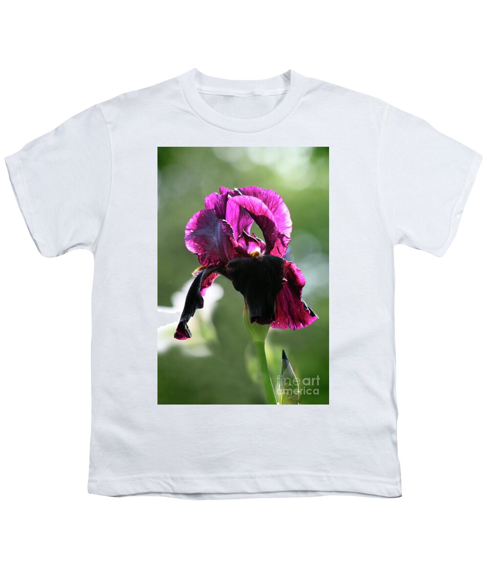 Iris; Flower; Blossom; Flowers; Petals; Close-up; Macro; Purple; Green; Violet; Dreamy; Garden; Spring; Sunlight; Vertical Youth T-Shirt featuring the photograph Deep Purple Iris by Tina Uihlein