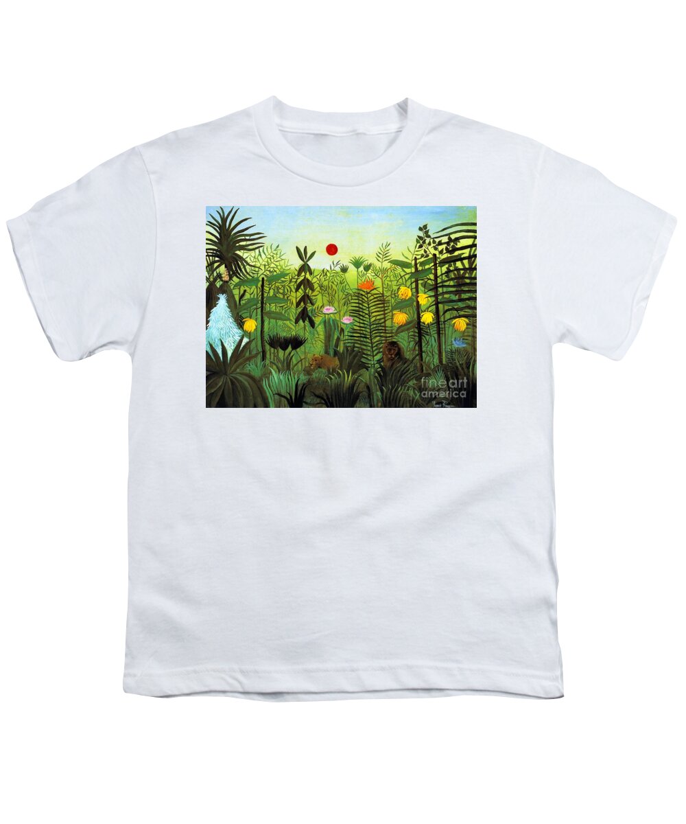 Exotic Landscape With Lion And Lioness In Africa Youth T-Shirt featuring the painting Exotic Landscape with Lion and Lioness in Africa by Henri Rousseau