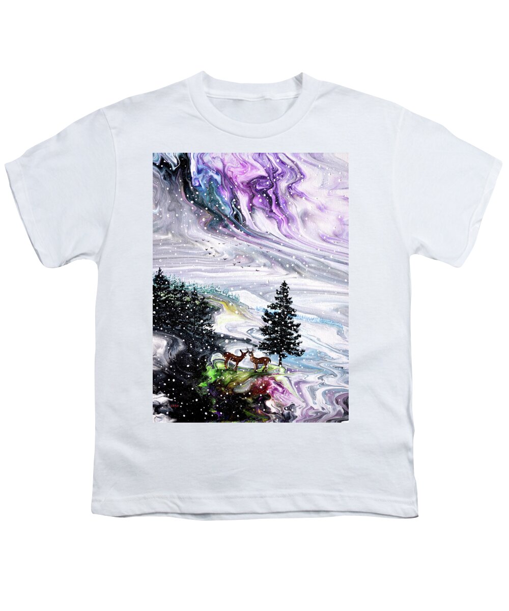 Pine Tree Youth T-Shirt featuring the painting Falling Snow on the Mountains by Laura Iverson