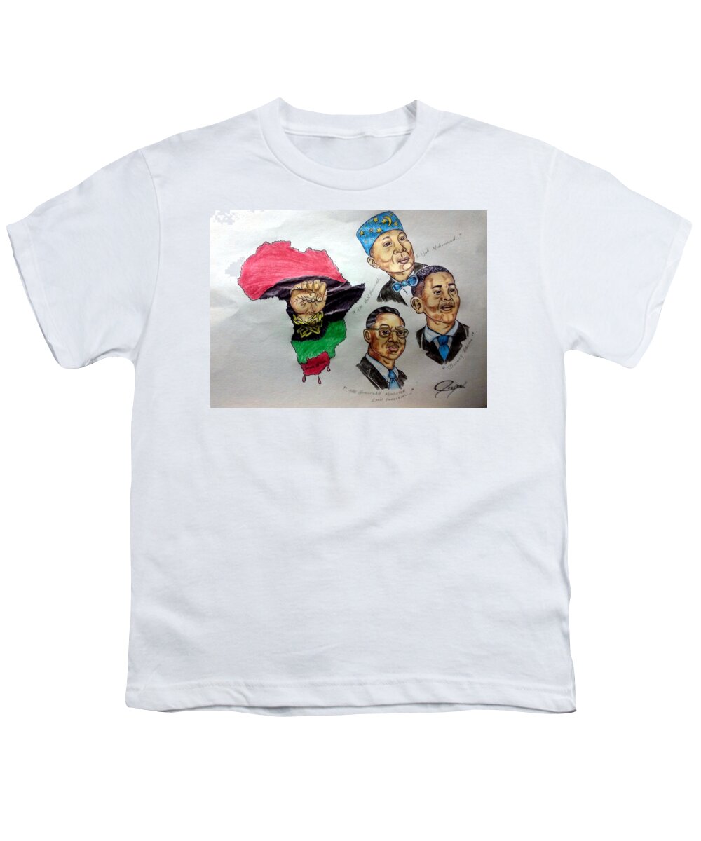 The Most Honorable Elijah Muhammad Youth T-Shirt featuring the drawing Farrakhan, Elijah Muhammad, and President Obama by Joedee