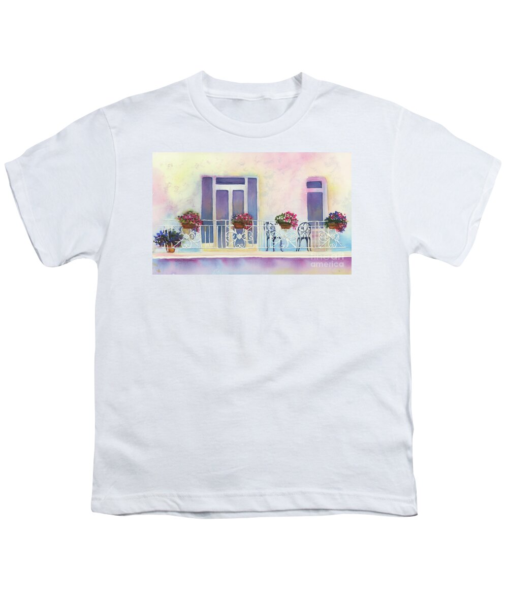 Watercolor Painting Youth T-Shirt featuring the painting Fresh Winds Balcony by Amy Kirkpatrick