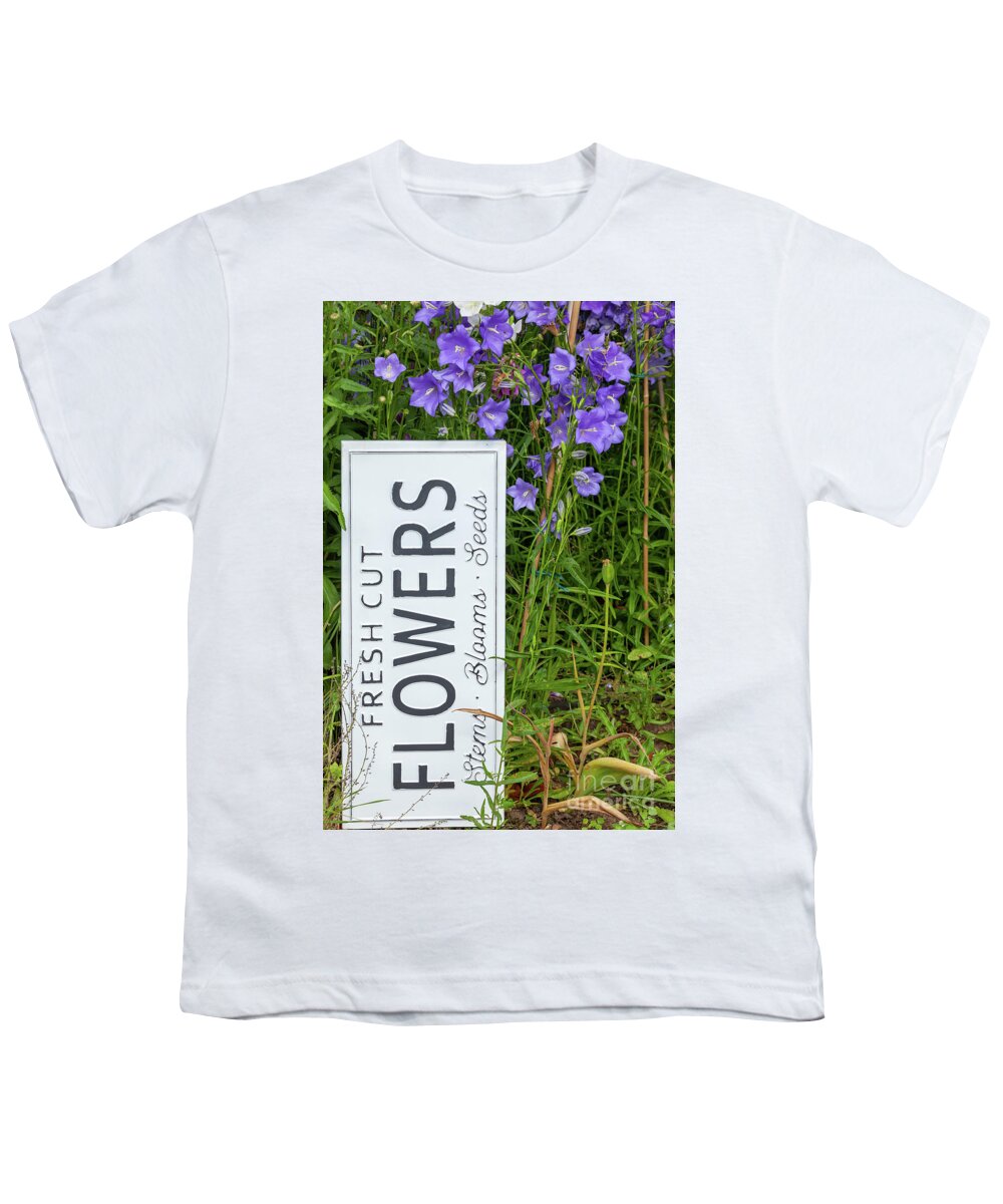 Flowers Youth T-Shirt featuring the photograph Garden flowers with fresh cut flower sign 0722 by Simon Bratt