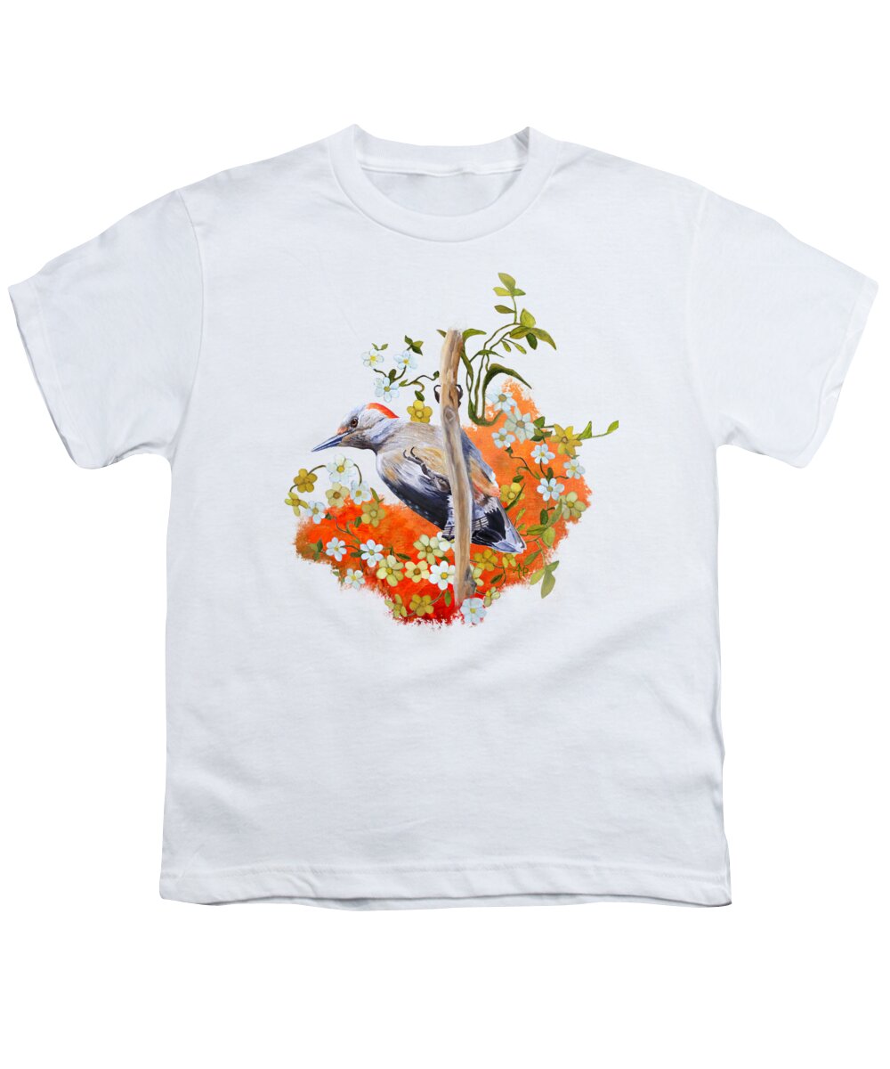 Woodpecker Youth T-Shirt featuring the painting Gardenwatch Woodpecker by Angeles M Pomata