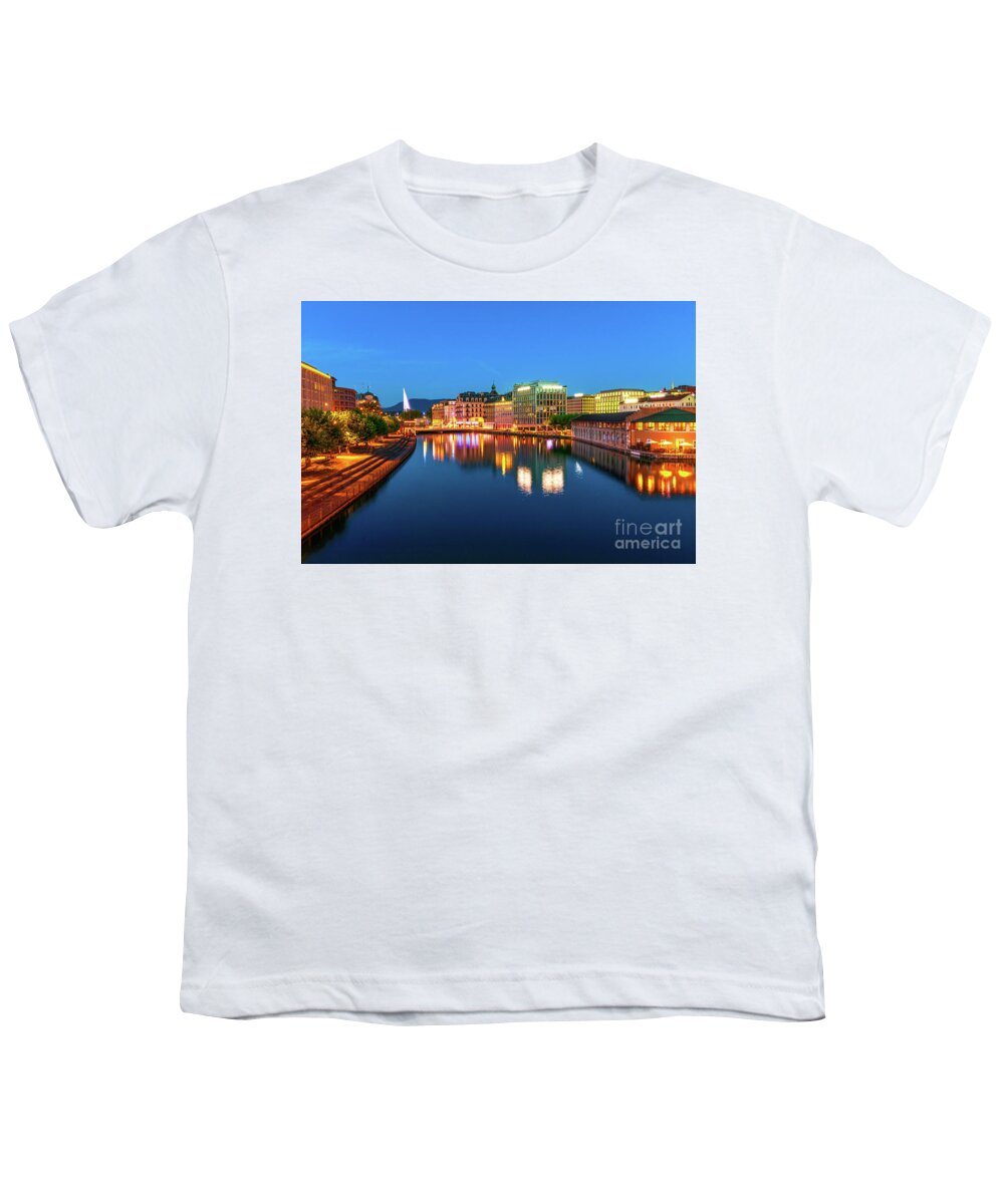 Geneva Youth T-Shirt featuring the photograph Geneva skyline Switzerland by night by Benny Marty
