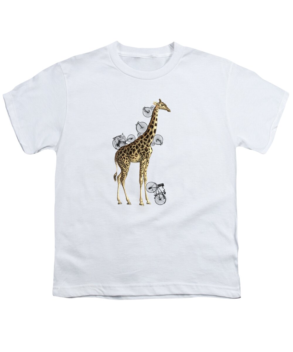 Giraffe Youth T-Shirt featuring the digital art Giraffe and bicycles by Madame Memento