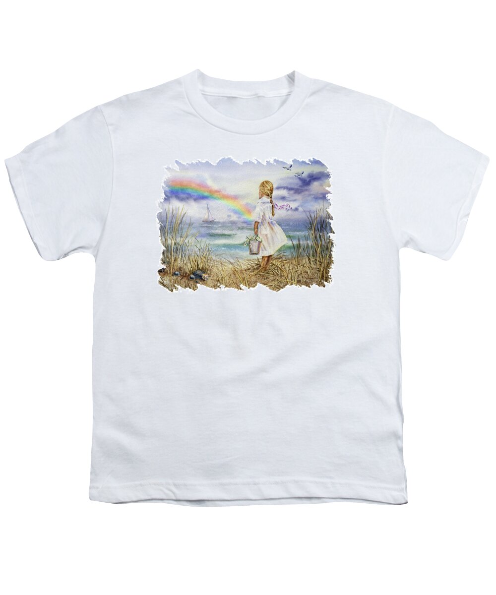 Girl And Ocean Youth T-Shirt featuring the painting Girl At The Ocean Shore Watching The Rainbow And Boat Watercolor Seascape by Irina Sztukowski