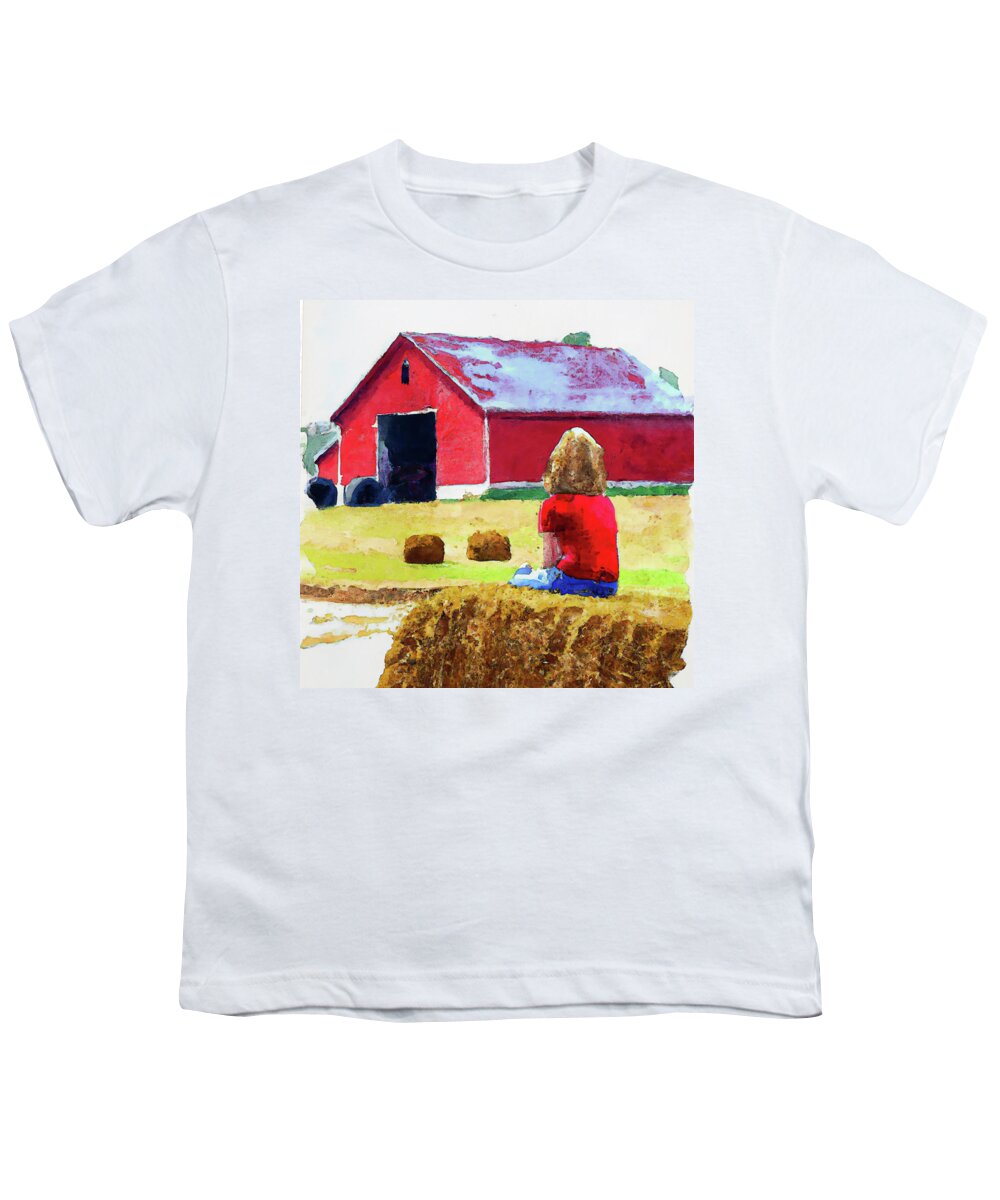 Barn Youth T-Shirt featuring the digital art Girl in Red Shirt Looking at Red Barn by Alison Frank