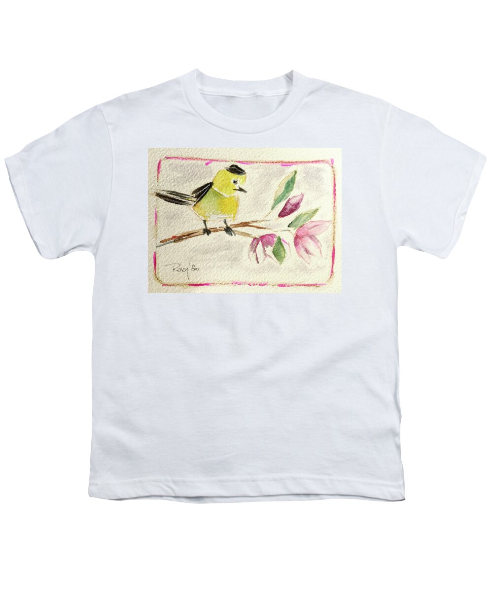 Watercolor Youth T-Shirt featuring the painting Goldfinch on a Magnolia Branch by Roxy Rich