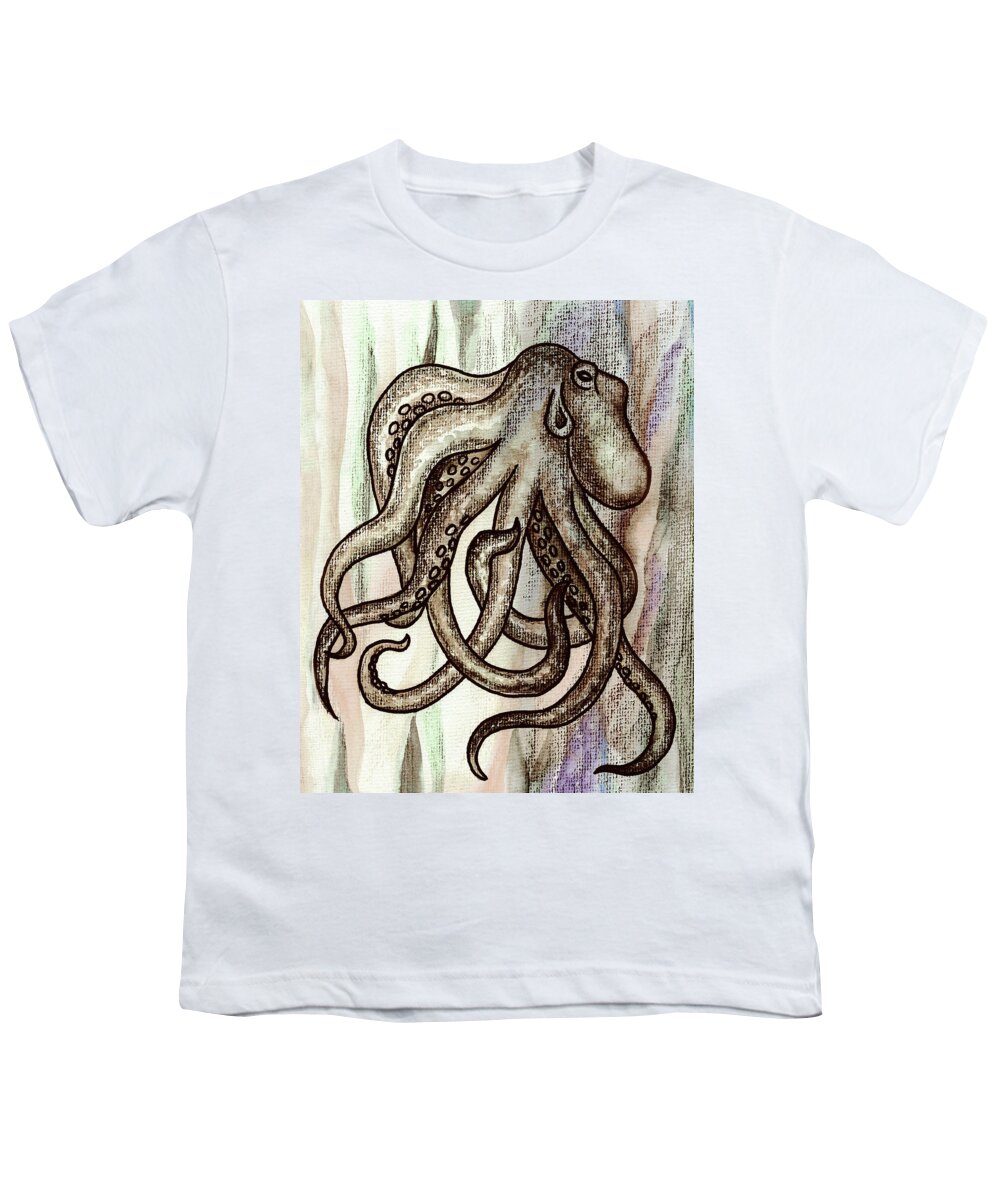 Octopus Youth T-Shirt featuring the painting Gray Beige Watercolor Octopus Beach Art by Irina Sztukowski