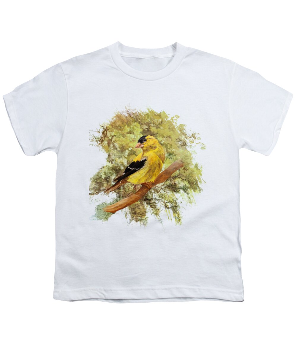 American Goldfinch Youth T-Shirt featuring the painting Green Shades Goldfinch by Angeles M Pomata