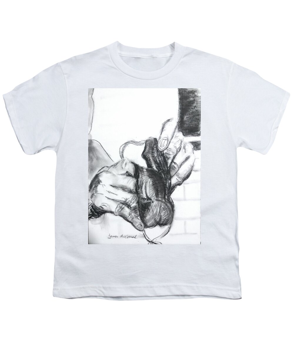 Hands Youth T-Shirt featuring the drawing Hands holding Mask by James McCormack