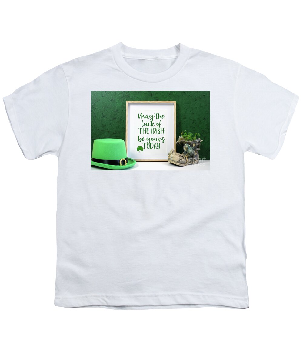 St Patrick Youth T-Shirt featuring the photograph Happy St Patrick's Day wood border picture frame. by Milleflore Images