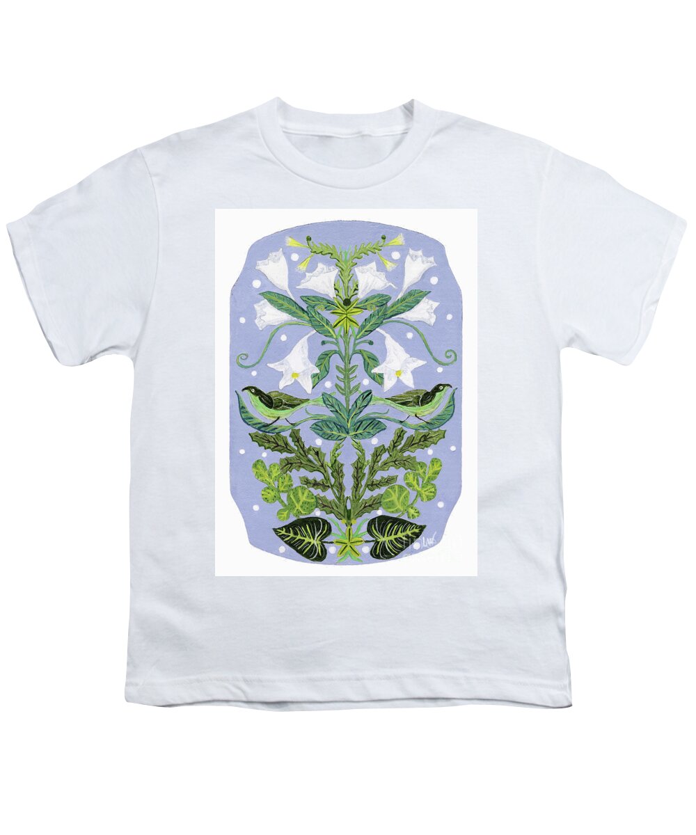 French Inspired Youth T-Shirt featuring the painting Leaves and Lilies with Birds, French Inspired Design by Lise Winne