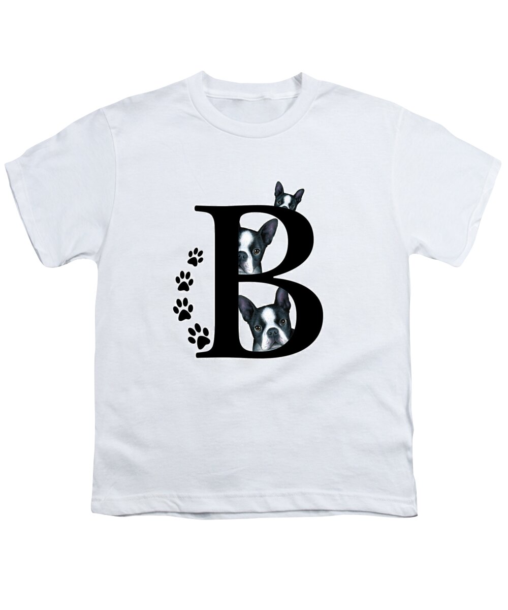 Letter B Youth T-Shirt featuring the mixed media Letter B Monogram with Boston Terrier Dogs by Lucie Dumas