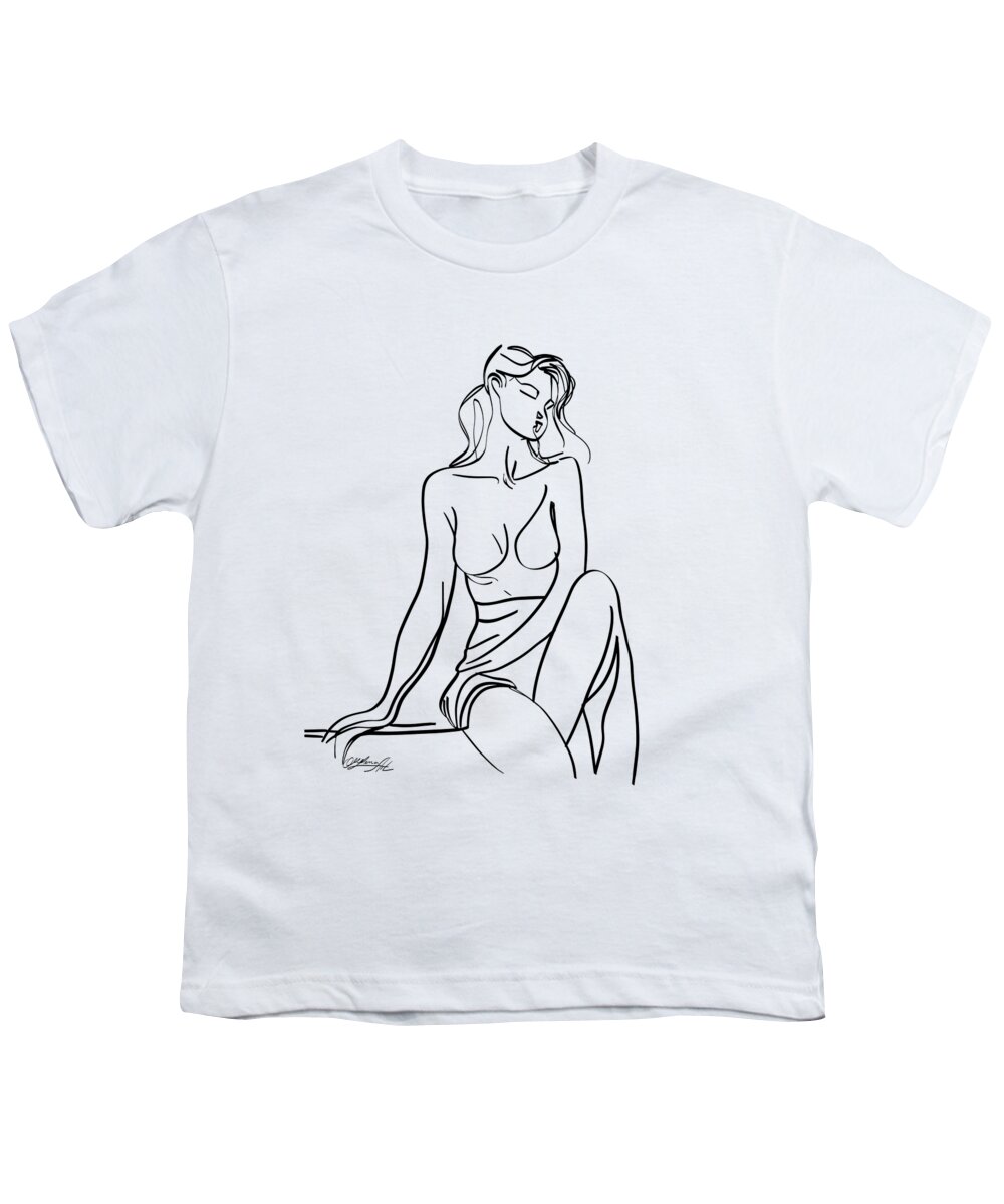 Sketch Youth T-Shirt featuring the painting One line Drawing of a Female Figure, Minimalist Art, Graphic Design by Lena Owens - OLena Art Vibrant Palette Knife and Graphic Design