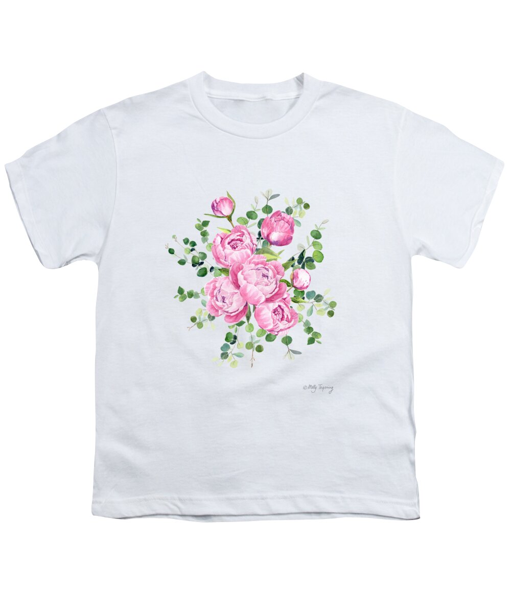 Loose Watercolor Peonies And Eucalyptus Youth T-Shirt featuring the painting Loose Watercolor Peonies and Eucalyptus by Melly Terpening