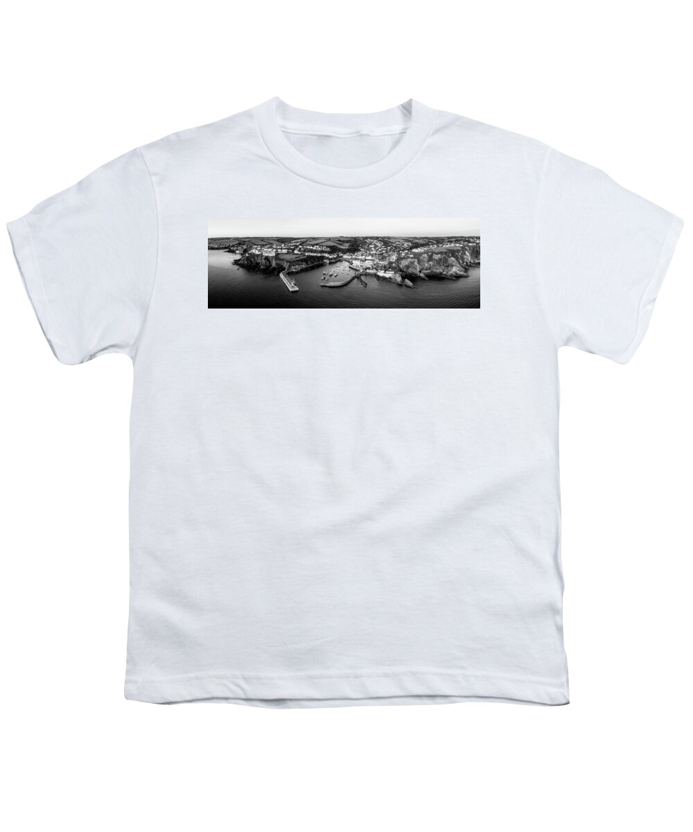 Coast Youth T-Shirt featuring the photograph Mevagissey fishing village harbour aerial cornwall coast england black and white panorama by Sonny Ryse