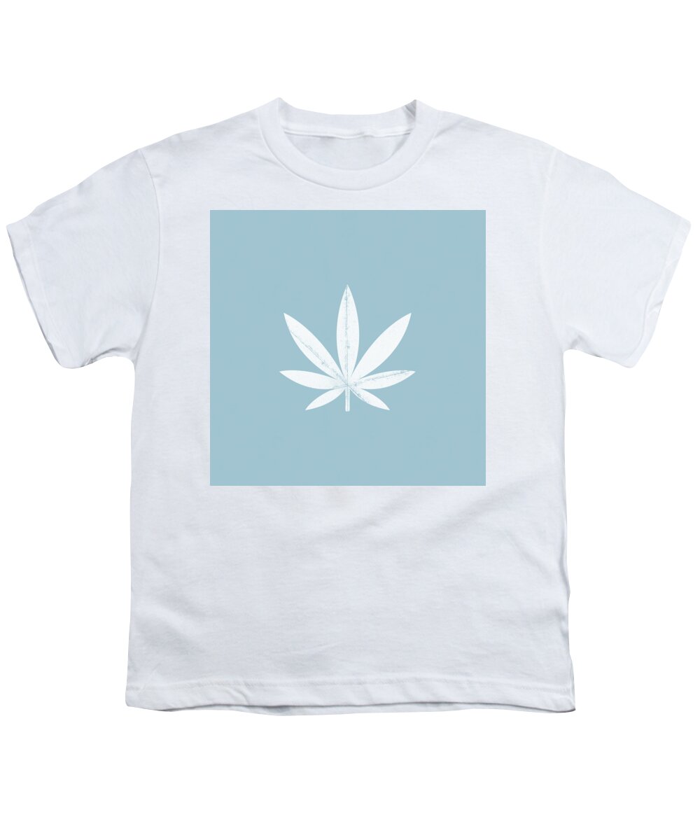 Cannabis Youth T-Shirt featuring the mixed media Minimal Cannabis Leaf Blue- Art by Linda Woods by Linda Woods