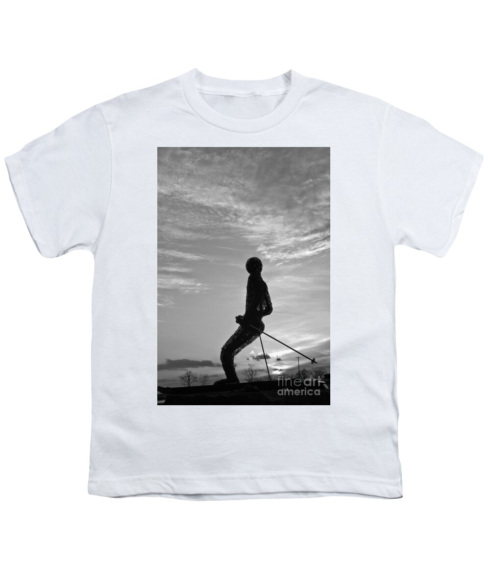 Montage Youth T-Shirt featuring the photograph Montage Mountain Ski Statue Sunset Portrait Black And White by Adam Jewell