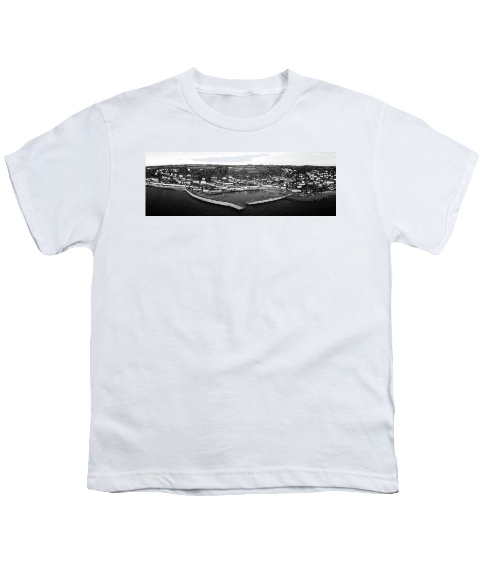 Coast Youth T-Shirt featuring the photograph Mousehole Fishing Village Harbour Aerial black and white by Sonny Ryse