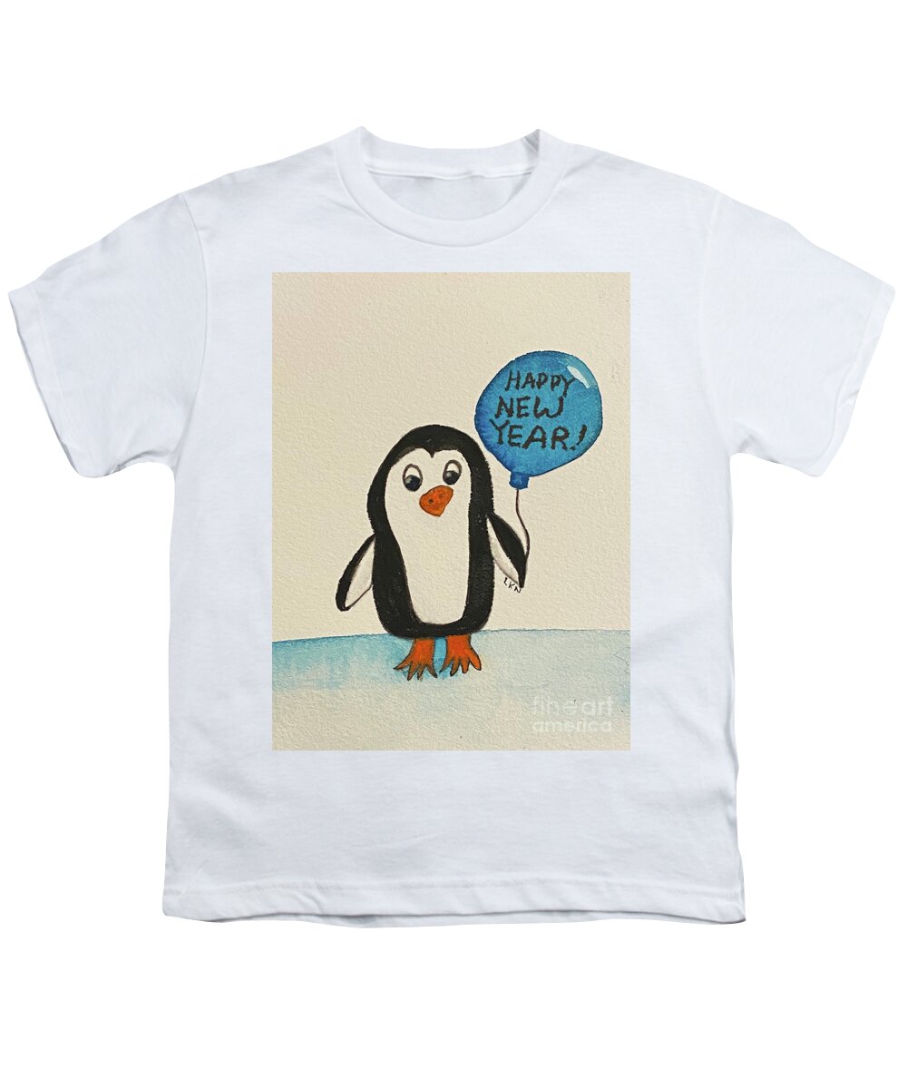 Penguin Youth T-Shirt featuring the mixed media New Years Penguin by Lisa Neuman