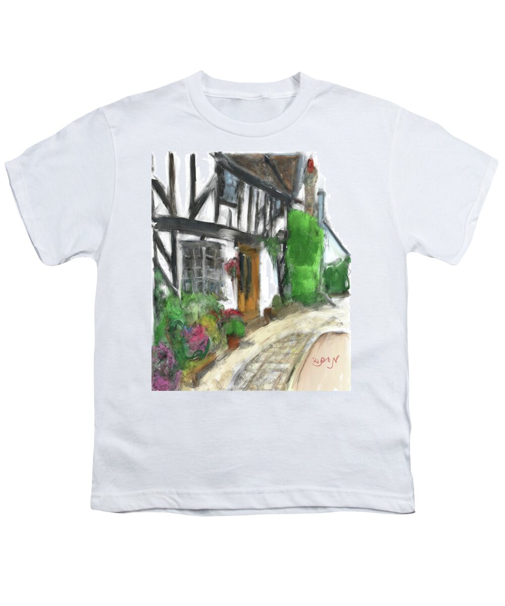 European Countryside Youth T-Shirt featuring the painting Old World Roadway Inn between towns in the European countryside flowers food charm cottage floral by Mendyz
