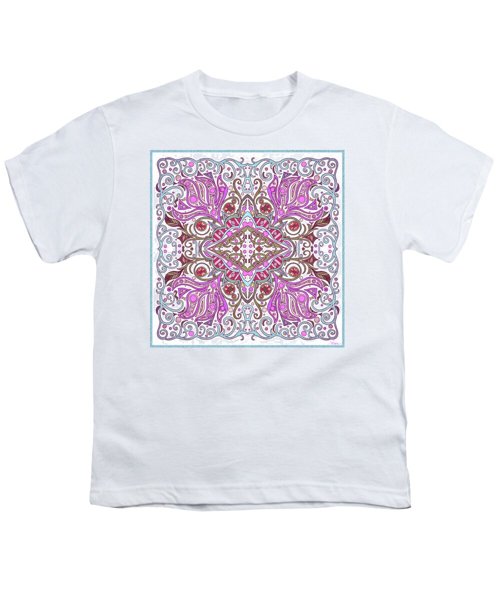 Pink Paisley Flowers Youth T-Shirt featuring the mixed media Paisley Flowers with Fuchsia, Pinks and Reds Against a Turquoise and White Background by Lise Winne