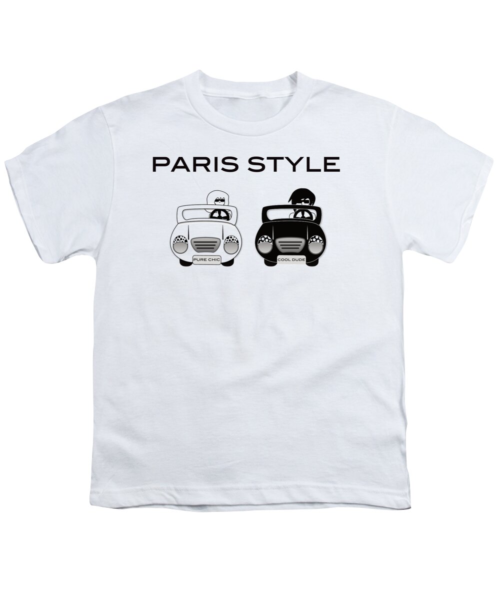 France Youth T-Shirt featuring the digital art Paris Style Travel Trip in a Sexy Cabriolet Classic Car by Barefoot Bodeez Art