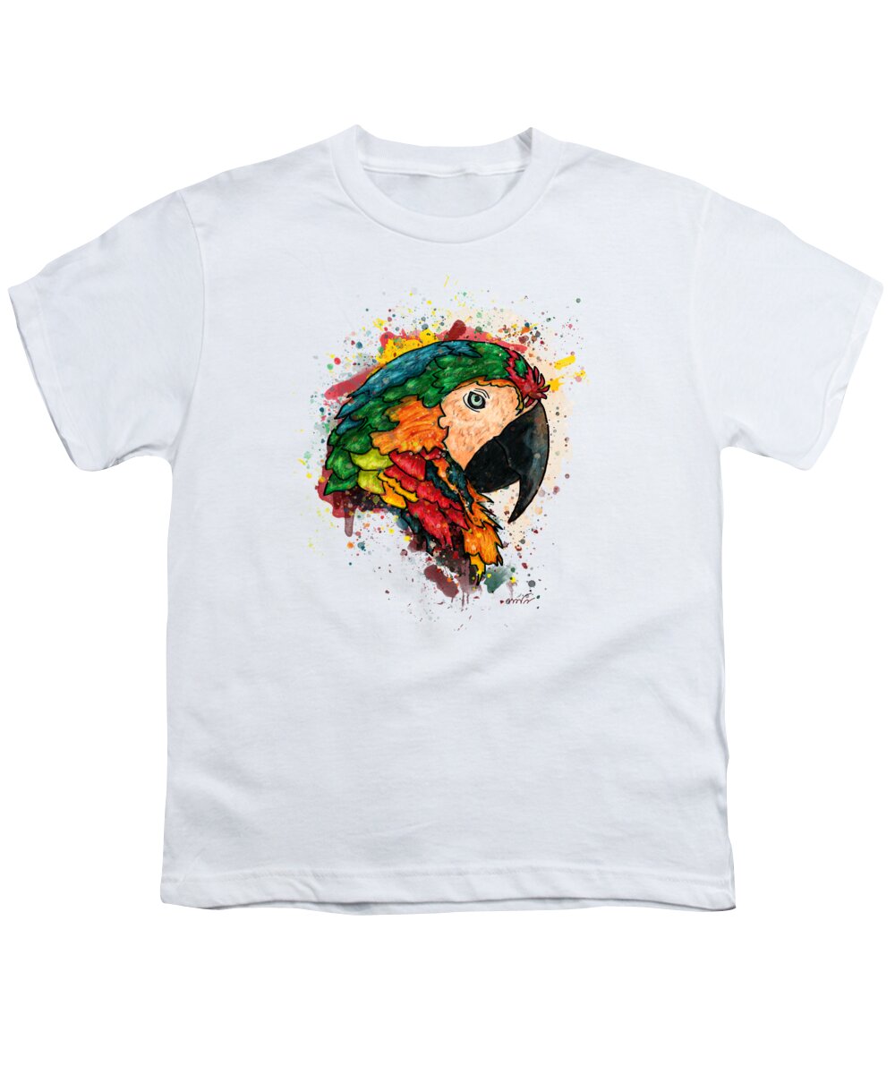 Parrot Youth T-Shirt featuring the painting Parrot portrait painting on white background, Macaw parrot by Nadia CHEVREL