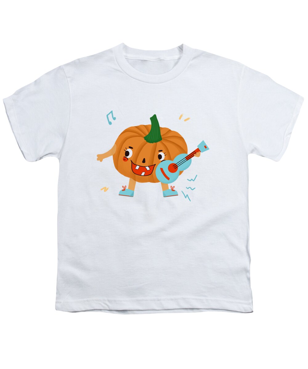 Music Youth T-Shirt featuring the drawing Pumpkins love to play the ukulele by Min Fen Zhu