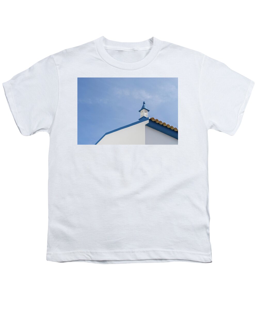 Quintessential Algarvian Youth T-Shirt featuring the photograph Quintessential Algarvian - Cool Fretted Crown Chimney and Cobalt Blue Roofline Accents by Georgia Mizuleva