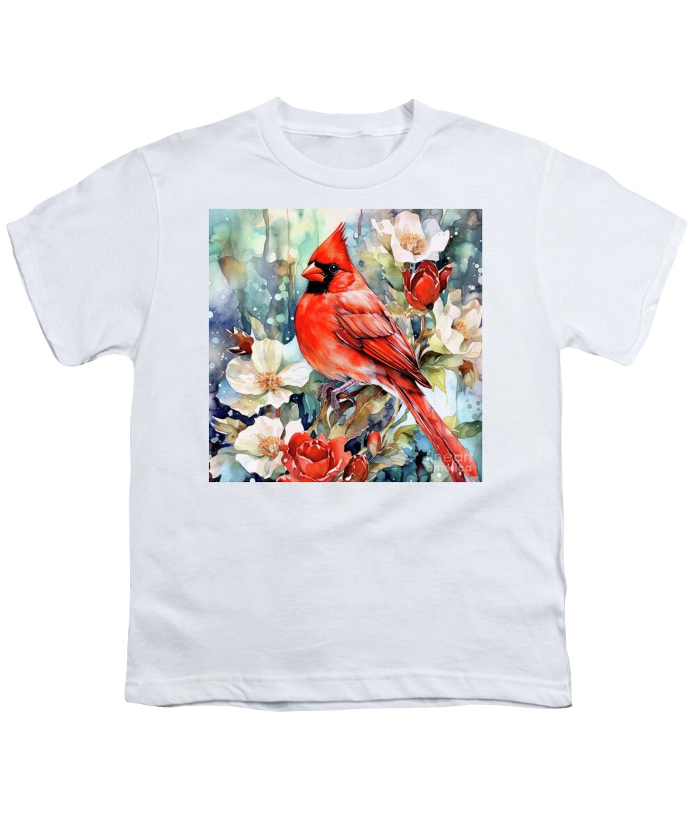 Northern Cardinal Youth T-Shirt featuring the painting Red Cardinal In The Roses by Tina LeCour