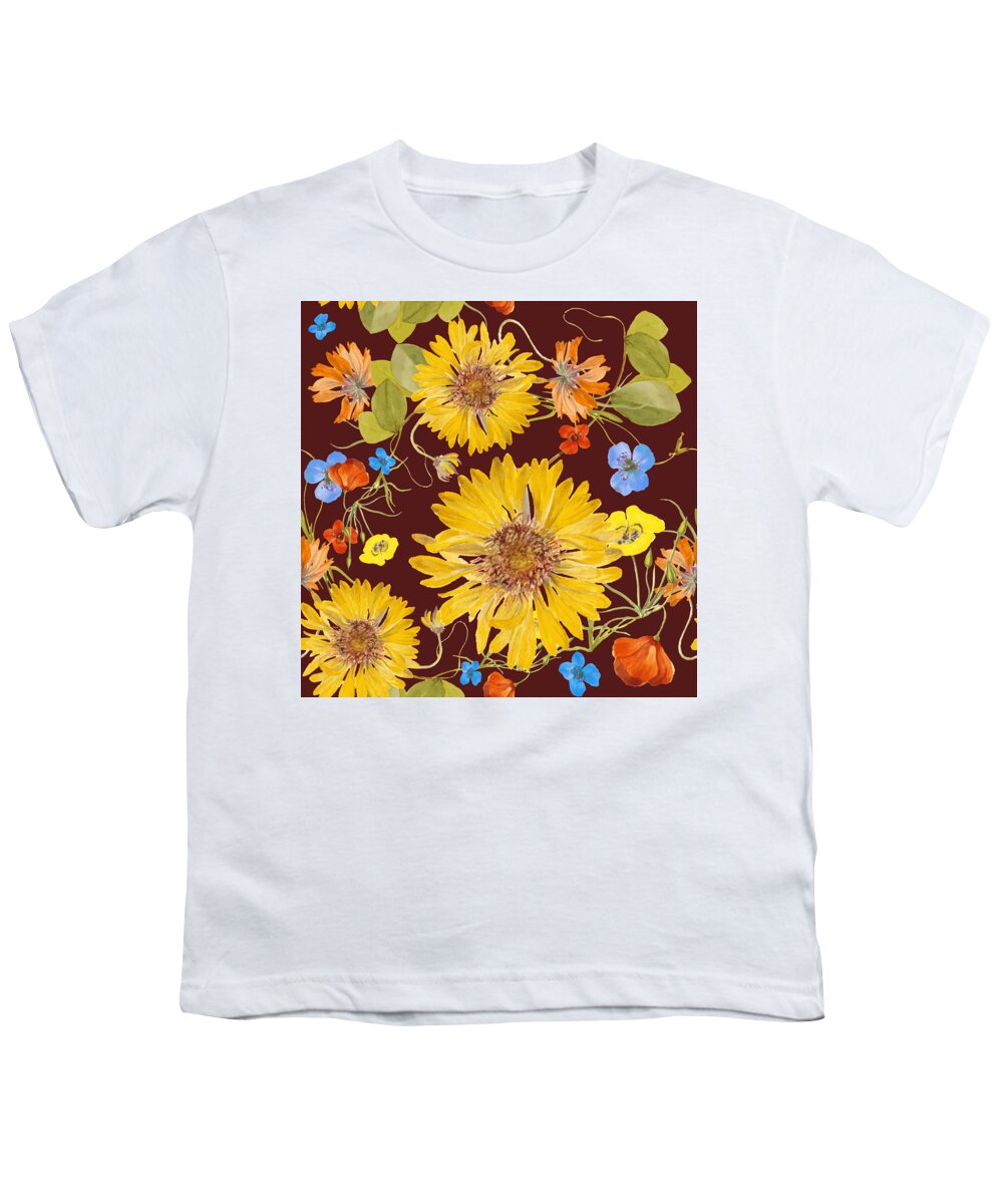Card Youth T-Shirt featuring the drawing Retro floral seamless pattern, classical watercolor bouquet of flowers and leaves, seamless texture by Mounir Khalfouf