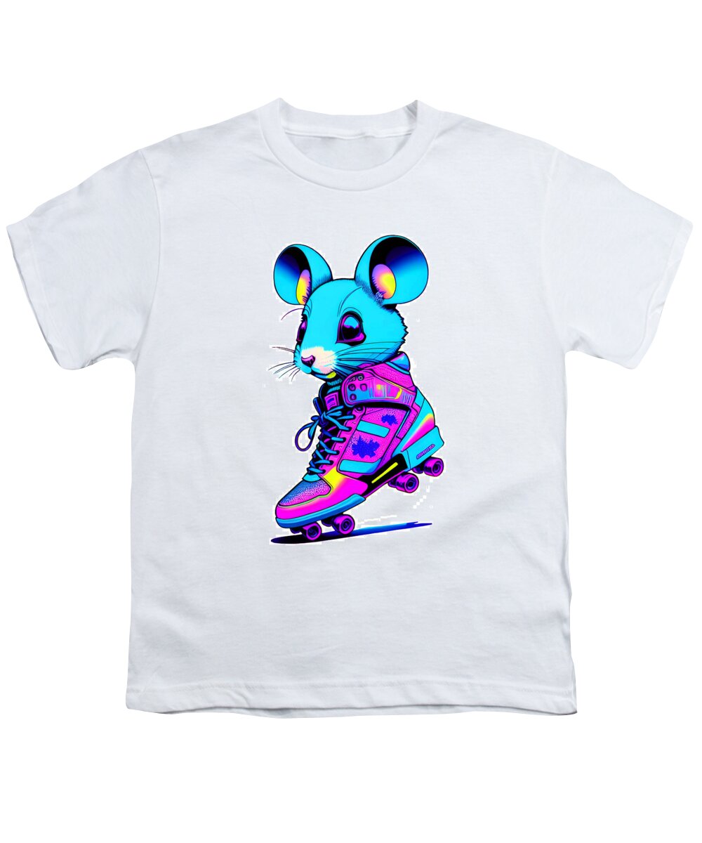 Cool Art Youth T-Shirt featuring the digital art Roller Skating Mouse by Ronald Mills