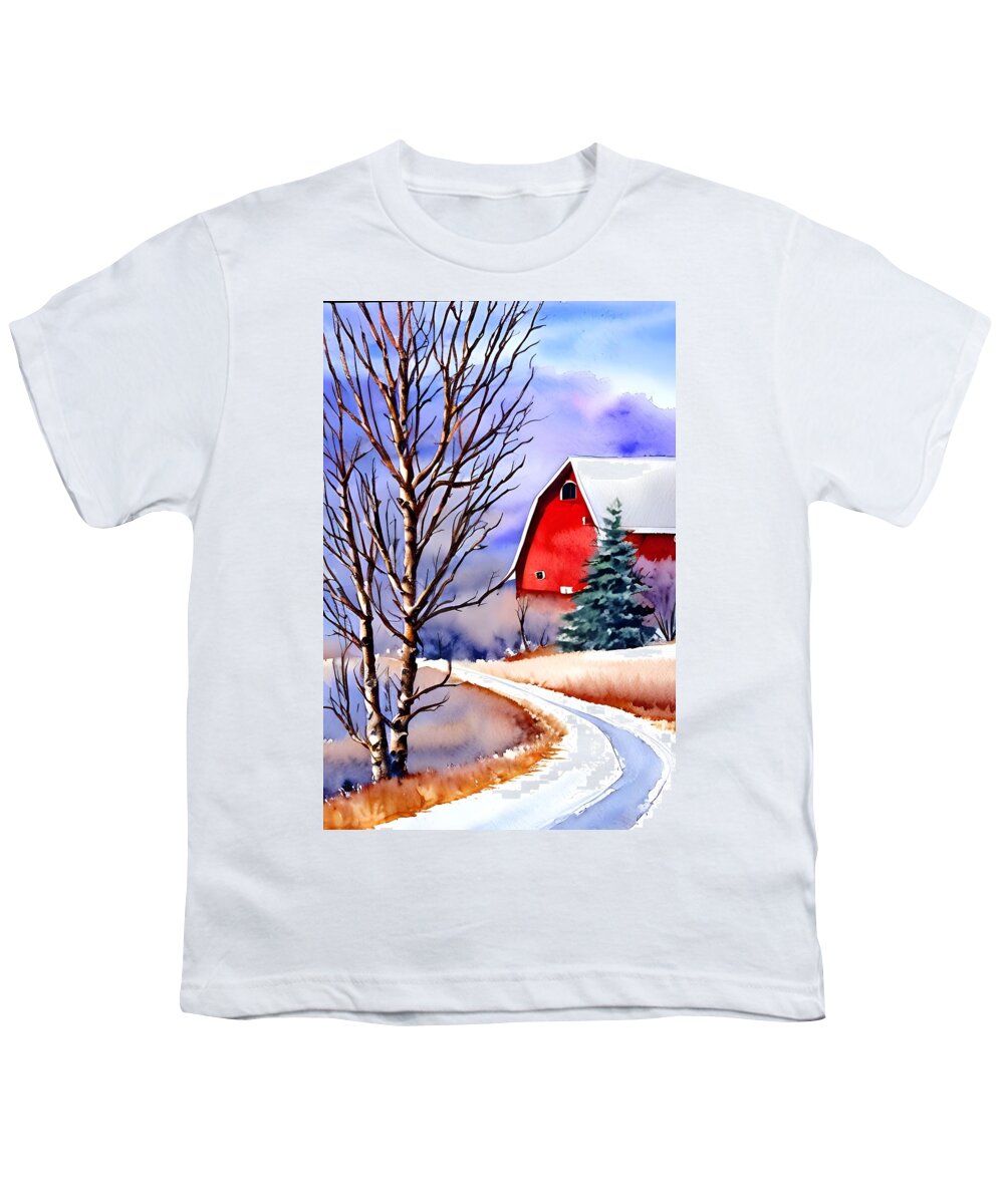 Redbarn Youth T-Shirt featuring the mixed media Red Barn - rural life, first snowfall by Bonnie Bruno