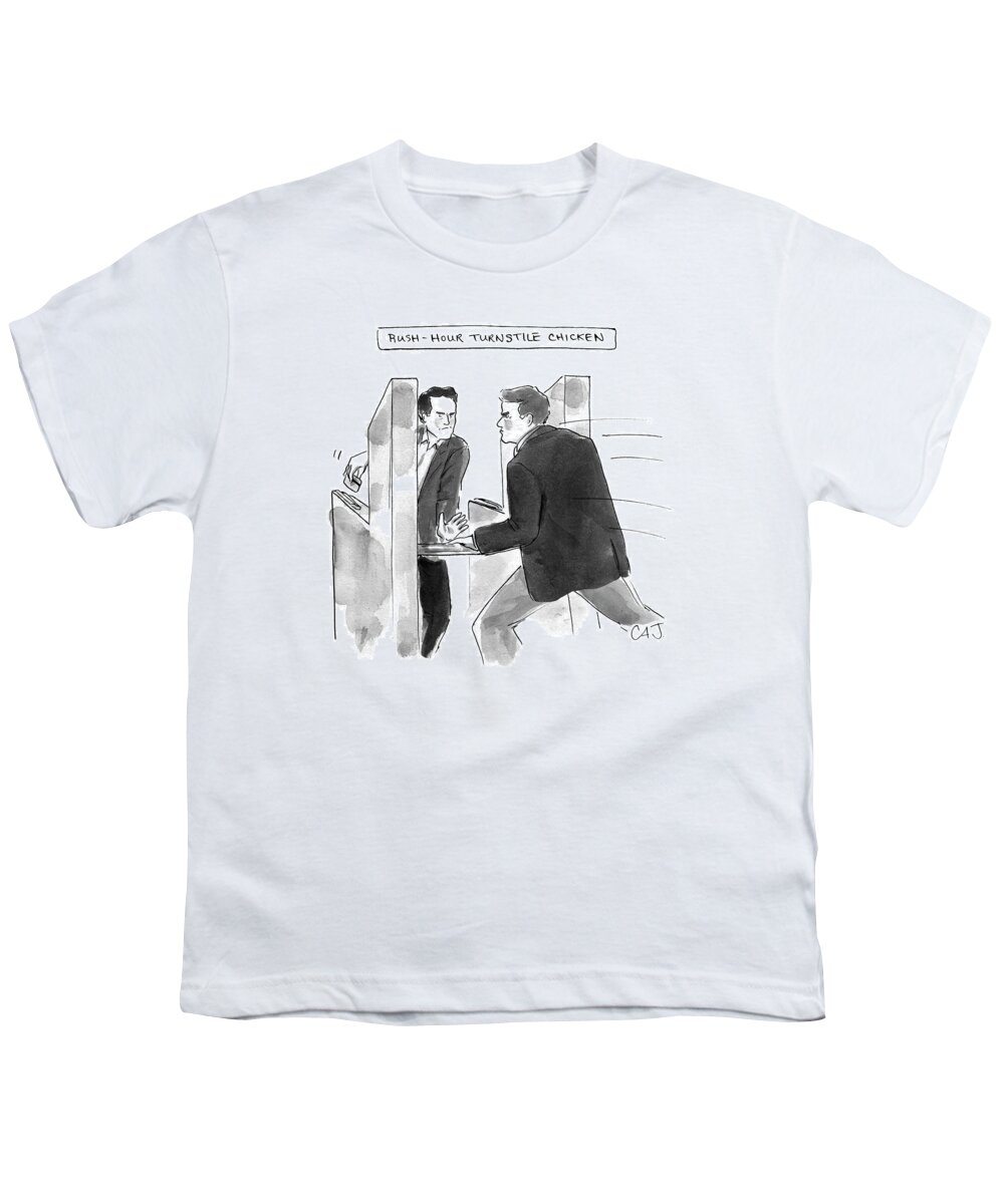 Captionless Youth T-Shirt featuring the drawing Rush Hour Turnstile Chicken by Carolita Johnson