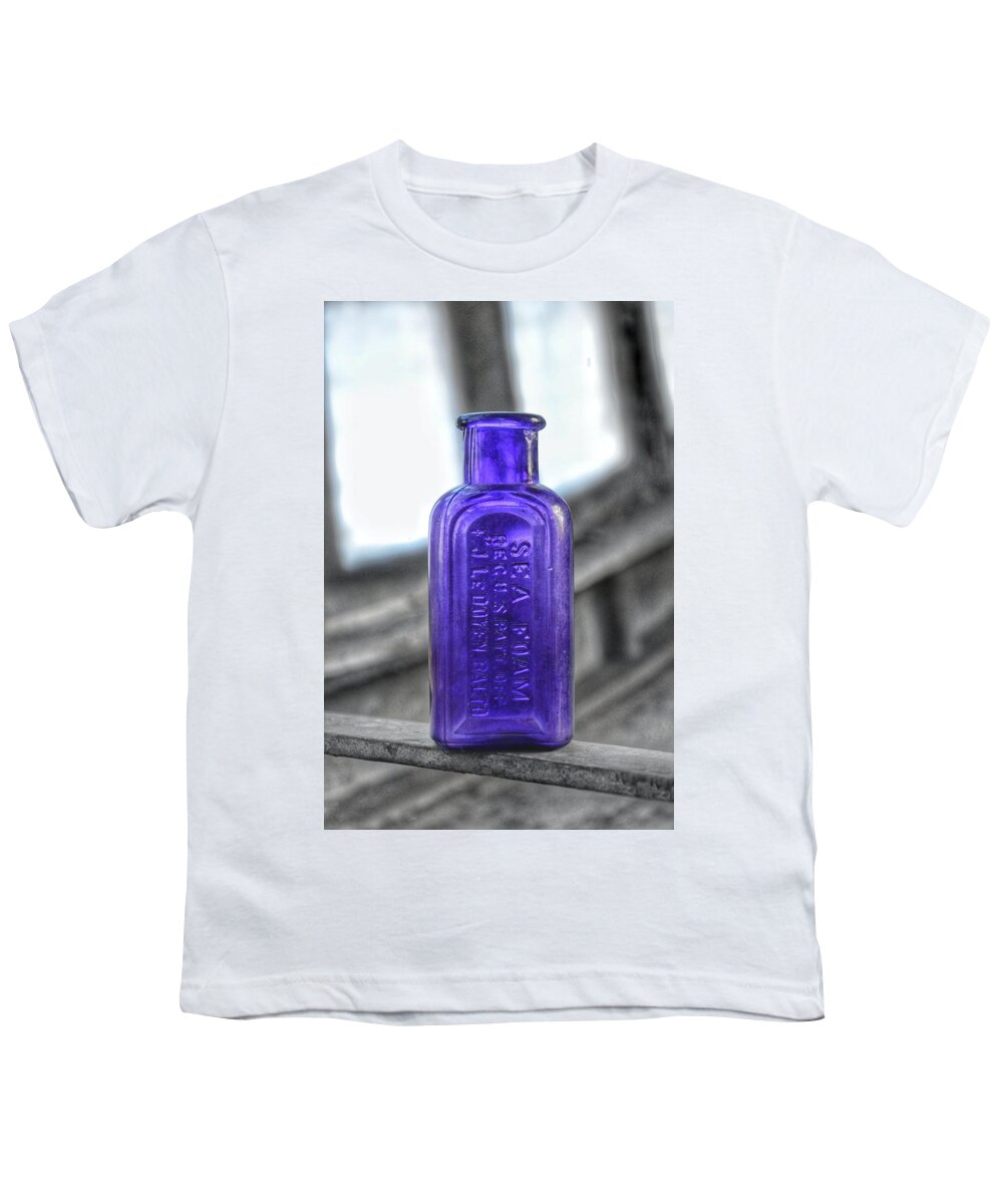 Antique Youth T-Shirt featuring the photograph Sea Foam - Antique Purple Shade Glass Bottle Baltimore - Maryland Glass Corporation by Marianna Mills