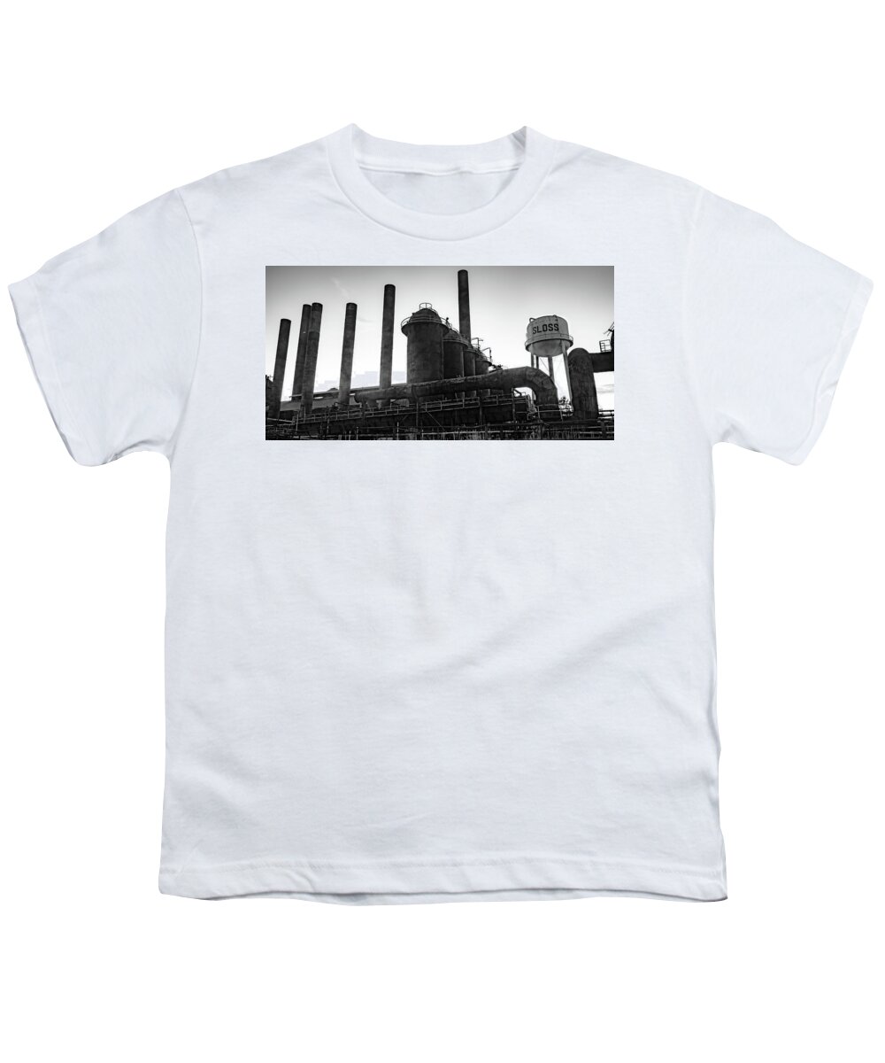 Birmingham Print Youth T-Shirt featuring the photograph Sloss Furnaces Of Birmingham Alabama Panorama - Monochrome Edition by Gregory Ballos