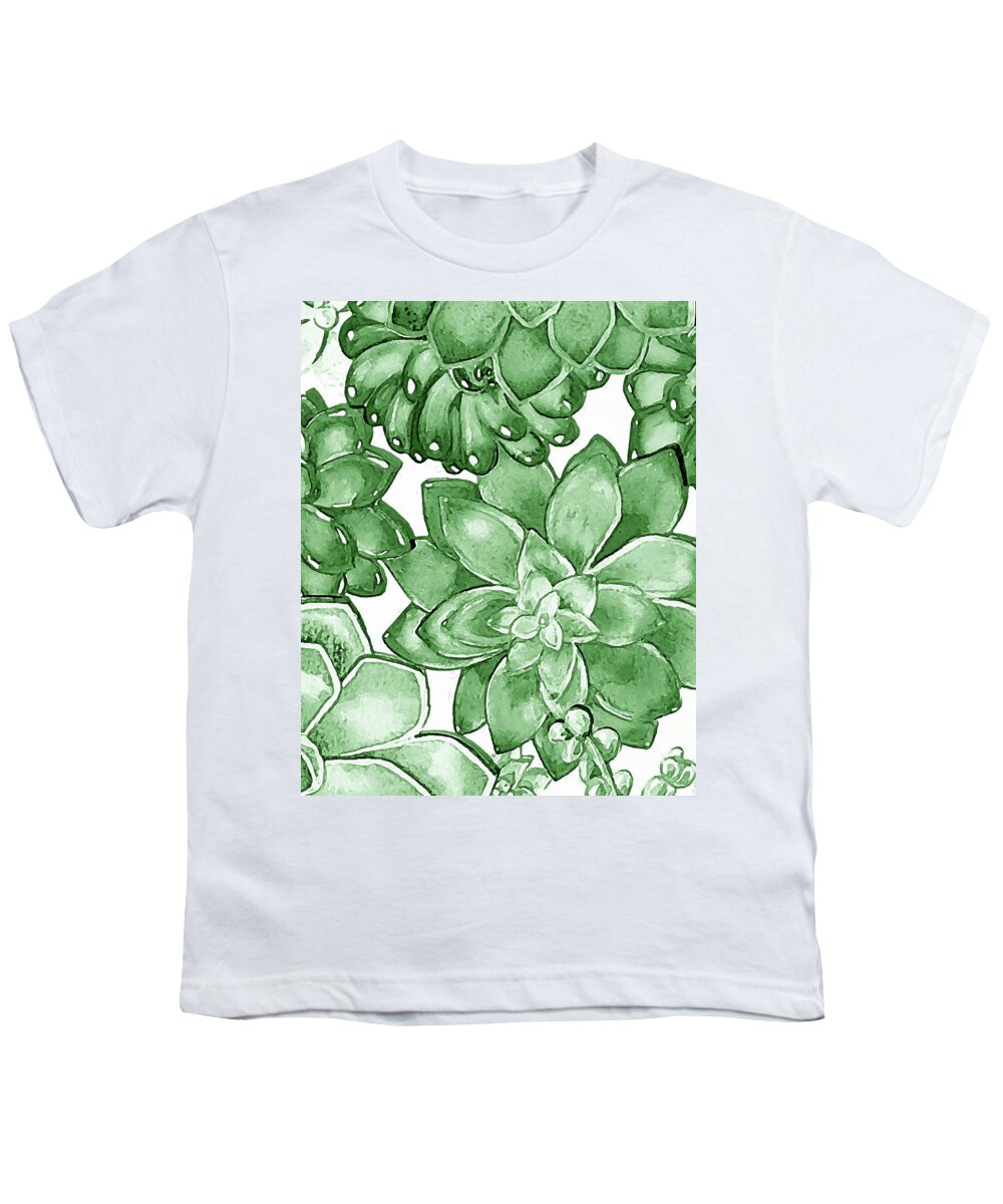 Succulent Youth T-Shirt featuring the painting Soft Green Succulent Plants Garden Watercolor Interior Art VIII by Irina Sztukowski